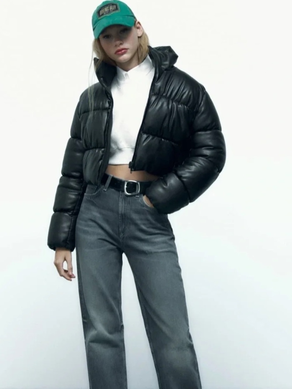Zara Faux Leather Cropped Puffer Jacket Size XS